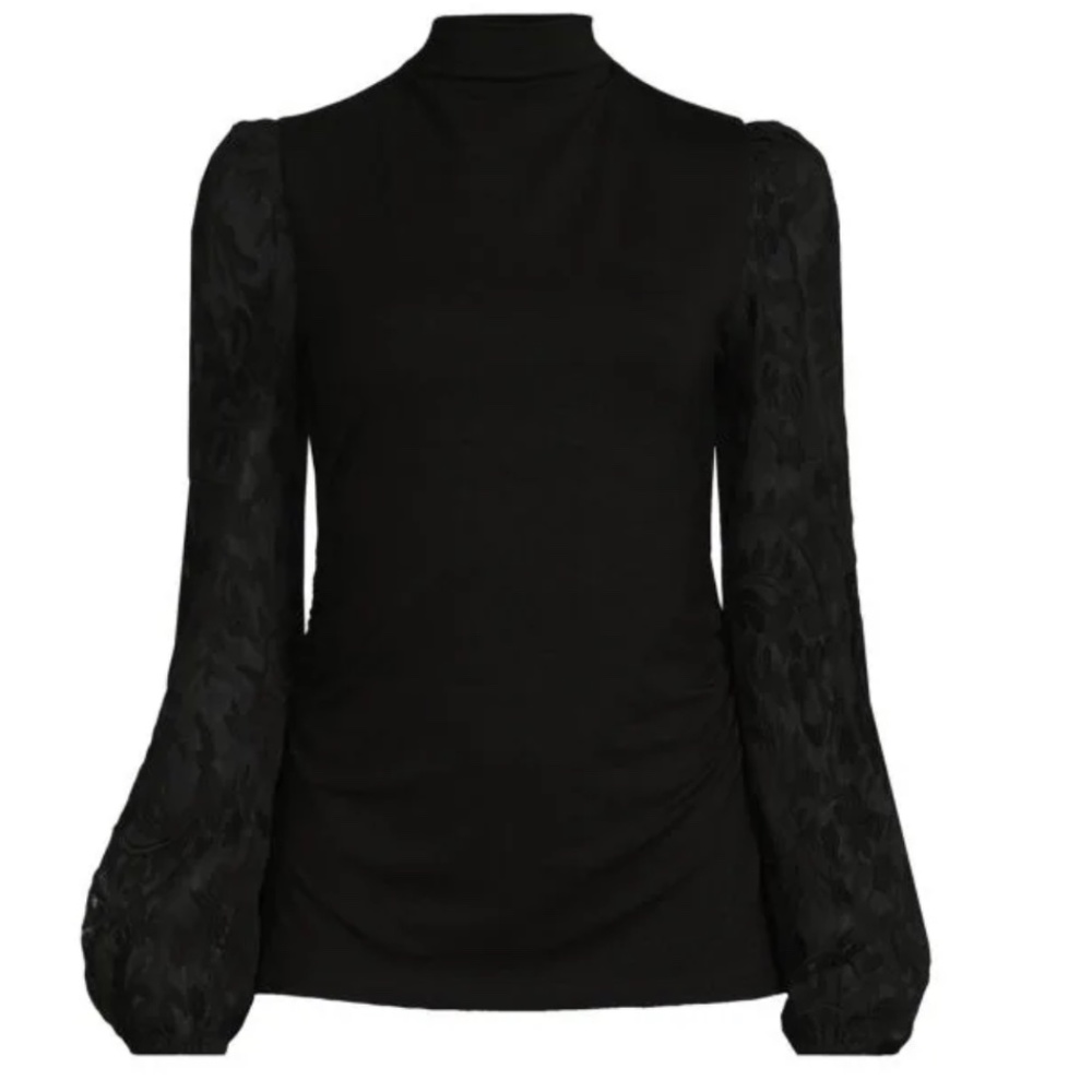 Elie Tahari Mock Neck Embroidered Sheer Lace Sleeve Top Large